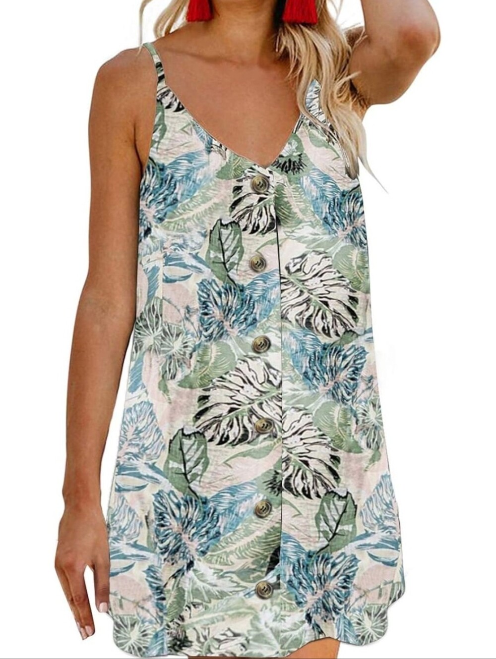 3 For $15 Tropical Print Button-Front Sundress in Pastel Green & Blue - Picture 4 of 9